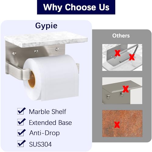 Gypie Toilet Paper Holder with Shelf, Extended Base Wall Mounted, Marble Toilet Roll Holder Brushed Nickel for Bathroom Washroom - color: Brushed Nickel, size: Marble