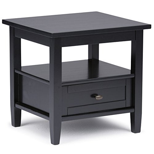 SIMPLIHOME Warm Shaker End Table - 20" Wide x 20" High Solid Wood Side Table in Black, Transitional Accent Table for Living Room or Bedroom with Drawer, Open Shelf and Square Tapered Legs - color: Black, size: 20 inch, style: End Table