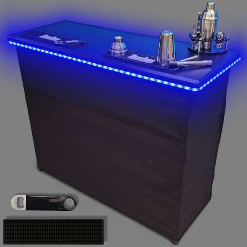PartyLife Premium Portable Bar Table w/LED Lights, Folding Legs, Black Fabric Bar Skirt, 2 Storage Shelves & 2 Carrying Bags | Commercial Grade | Strong & Sturdy - Black - color: Formal, size: Premium, style: LED Lights