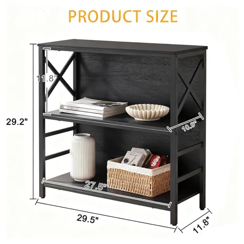 MNEETRUNG Small Bookshelf,3 Tier Industrial Bookcase with Metal Frame and Backboard,Low Black Book Shelf,Book case for Small Spaces,Living Room,Bedroom and Home Office - color: Black, size: 3-Tier (29.5"W x 11.8"D x 29.2"H)