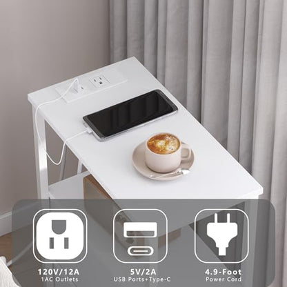 TUTOTAK Small Narrow End Table with Charging Station, Set of 2, Side Table with Outlets, Nightstand with Cloth Drawer, Couch Table, for Living Room, Bedroom, Bedside, White TB01BW058 - color: White, style: 1 Drawer & Plug