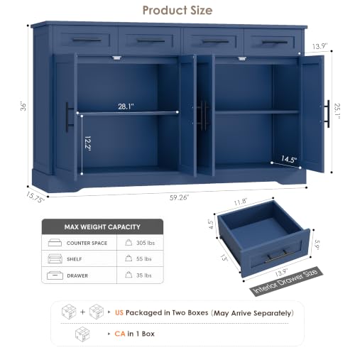 HOSTACK 60" W Sideboard Buffet Cabinet with Storage, Kitchen Cabinet, Blue | 36" Tall Kitchen Buffet Storage Cabinet with 4 Drawers, Large Coffee Bar Cabinet, Modern Buffet Table for Dining Living Room - color: Blue