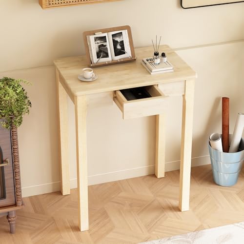 Solid Wooden Desk with Drawers - 24 x 16 Inch Narrow Desks for Small Spaces, Rubberwood Simple Study Table, Small Writing Desk for Bedroom - Natural Boho Desks - color: Natural, size: 23.6 in W x 15.7 in D