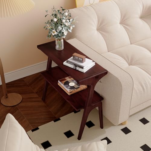 Solid Wood End Table, 2-Tier Side Table with Storage Shelf, Wooden Modern Accent Slim Bedside Table for Sofa, Living Room, Bedroom, Small Space, Easy Assembly, Burgundy - color: Burgundy