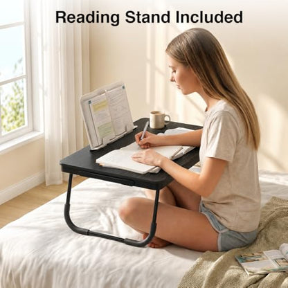 BUYIFY 23.4" Foldable Lap Desk Bed Table with Cup Holder Portable Tray | Folds Flat for Easy Storage, No Assembly Laptop Bed Desk, Sturdy and Lightweight, Patent Design, Black with stand - color: Black With Stand