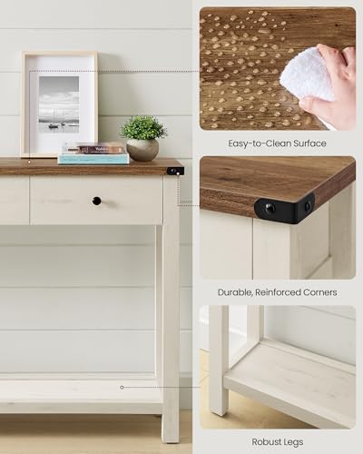 VASAGLE LIRY Collection - Console Sofa Table, Narrow Entryway Table with 3 Drawers, Open Storage Shelf, Metal Corners, for Living Room, Farmhouse Style, Honey Brown and Rustic White ULNT142WJ02S