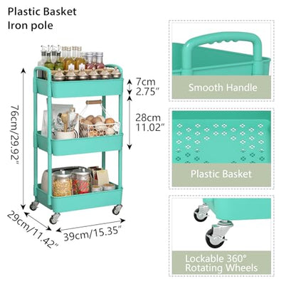 Sywhitta 3-Tier Plastic Rolling Utility Cart with Handle, Multi-Functional Storage Trolley for Office, Living Room, Kitchen, Movable Storage Organizer with Wheels, Green | Multi-Functional Storage Trolley, for Office, Living Room, Kitchen, Bathroom,Movabl