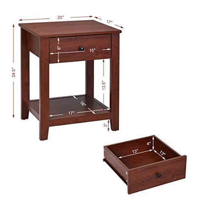 Giantex Nightstand Set of 2, Wooden 2-Tier End Table with Drawer and Storage Shelf, Versatile Bedside Tables, Modern Side Table for Bedroom, Living Room, Small Spaces, Easy Assembly, Walnut