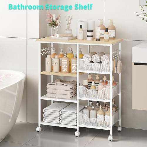 HapiRm Rolling Kitchen Carts with Storage - Microwave Table Stand with 6 Hooks & 3 Baskets, kitchen Island Cart on Lockable Wheels, 28.3" L × 14.6" W Bakers Rack Cart for Dining Room Coffee Bar Office - color: White