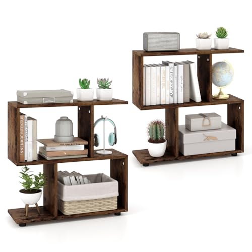 Tangkula 2 Tier Geometric Bookshelf, Freestanding Wood Display Shelf, Home Office Room Divider S Shaped Open Bookcase, Small Bookshelf for Small Spaces, Living Room, Study (Coffee, 2) - color: Coffee, size: 2