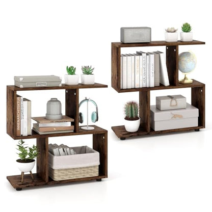 Tangkula 2 Tier Geometric Bookshelf, Freestanding Wood Display Shelf, Home Office Room Divider S Shaped Open Bookcase, Small Bookshelf for Small Spaces, Living Room, Study (Coffee, 2) - color: Coffee, size: 2
