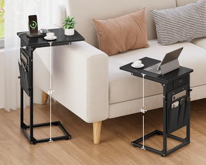 C-Shaped End Tables Set of 2 with Charging Station, 33'' Tall C Table Adjustable Height Side Table, Sofa Table for Couch, Couch Table that Slide Under Sofa, TV Trays for Living Room, Black - color: 2pc Black, style: With Plug