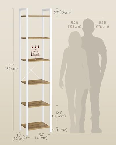 VASAGLE 6-Tier Bookshelf, Bookcase with Steel Frame, Book Shelf for Living Room, Home Office, Study, 11.8 x 15.7 x 73.2 Inches, Industrial Style, Honey Brown and Cloud White ULLS101K02 - color: Honey Brown + Cloud White, size: 6 Tiers (11.8"D x 15.7"W x 7