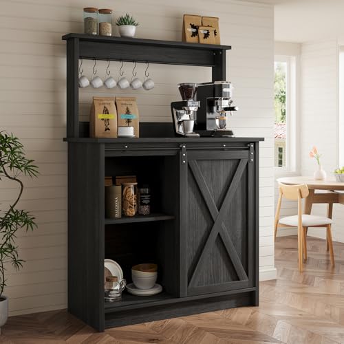4ever2buy Farmhouse Coffee Bar Cabinet with 6 Hooks, 31 Inch Kitchen Buffet Hutch Cabinet with Sliding Barn Door, Small Coffee Bar Table with Hutch for Dining Living Room, Wash Gray - color: Grey, size: 31.5Inch