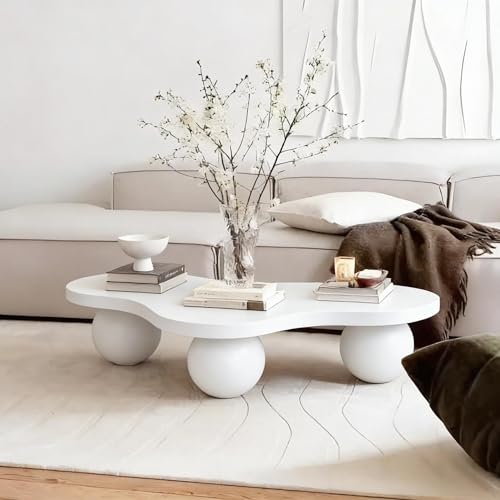 46" Cloud Coffee Table with 3 Ball Legs, Modern Irregular Center Table for Living Room, Low Cute Small MDF Tea Table for Bedroom, Space Apartment Cream White - color: Cloud-46"cream White