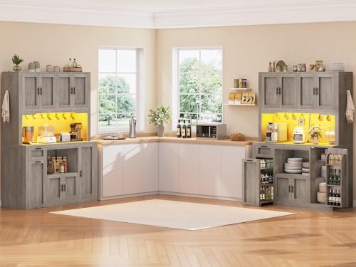 Itaar 71" Pantry Cabinet with Charging Station and LED Light, Kitchen Pantry Cabinet with Microwave Stand, 47.2" Wide Kitchen Storage Cabinets with Storage Cart 3 Tier for Dining Room, Grey - color: Grey