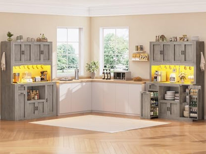 Itaar 71" Pantry Cabinet with Charging Station and LED Light, Kitchen Pantry Cabinet with Microwave Stand, 47.2" Wide Kitchen Storage Cabinets with Storage Cart 3 Tier for Dining Room, Grey - color: Grey