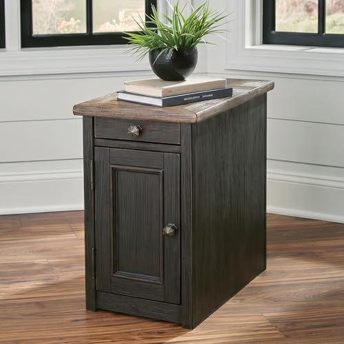 Signature Design by Ashley Tyler Creek Rustic Chair Side End Table with Pull-Out Tray & USB Ports, Brown - color: Blackish Brown