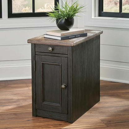 Signature Design by Ashley Tyler Creek Rustic Chair Side End Table with Pull-Out Tray & USB Ports, Brown - color: Blackish Brown