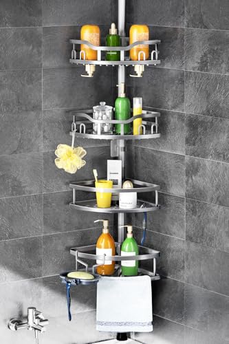HAMITOR Corner Shower Caddy Tension Pole: Rustproof 4-Tier Bathroom Organizer Shelves for Bathtub Shampoo Storage - 47-121 Inch Quick Install Adjustable Rod Standing Rack with Soap Rack - Silver Gray - color: A-silver Gray