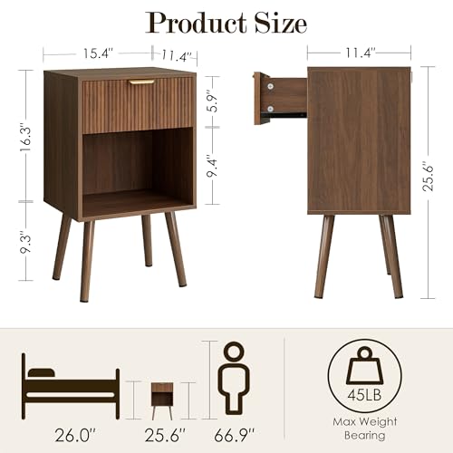 Fluted Nightstand, Modern Bedside Table with Storage Drawer, Wood Night Stand Side End Table for Bedroom, Living Room, Office (Walnut) - color: Walnut