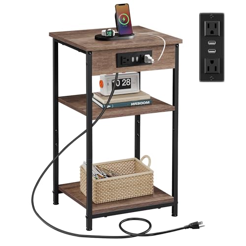 WLIVE Side Table with Charging Station and USB Ports, Small End Tables for Small Spaces, 3-Tier Nightstand with Adjustable Shelf, Bedside Tables, Living Room, Bedroom, Brown | Side Tables with Storage Adjustable Shelf for Small Spaces; Bedside Tables for