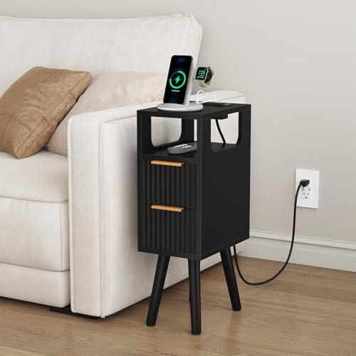 Narrow Side Table with Charging Station, Skinny Fluted Nightstand, Black | 7.9" Wide, 24.4" H, 2 Drawers, Solid Wood Feet, Open Shelf, Slim End Table for Small Spaces, Bedroom - color: Black-1 Pcs