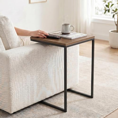 C-Shaped Couch Table, Walnut Finish | Movable Side End Table, Sturdy Metal Frame, Narrow Laptop Stand Desk & TV Tray, For Living Room - color: Walnut
