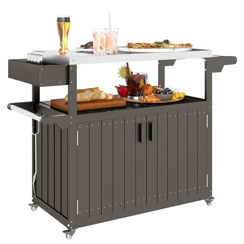 Outsunny Outdoor Bar Cart with Storage Cabinet Kitchen Island Dark Gray | Stainless Steel Top, on Wheels, HDPE Outdoor Bar Table, Movable Patio Beverage Food Prep Table, for BBQ Picnic - color: Dark Gray