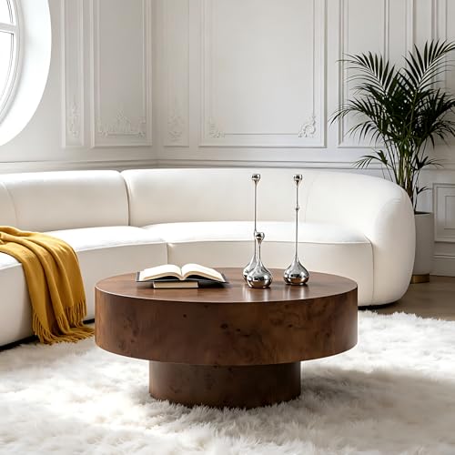 Round Coffee Table Wood, Modern Drum Burl Low Short Coffee Tables for Living Room 31.49" W X 13.77''h Mid Century Wooden Pedestal Fluted Circle Accent Small Center Apartment Easy Assembly Dark Walnut - color: 31.49" Burl Walnut