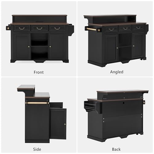 Merax 53.2" Two-Tier Kitchen Island with Storage, Farmhouse Kitchen Island with Power Outlet, 4 Door Shelves, Adjustable Shelves, 3 Drawers, Rolling Island Table, Bar Cabinet for Kitchen, Ash Black - color: Ash Black