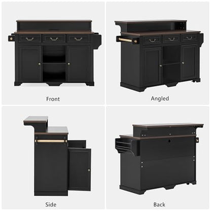 Merax 53.2" Two-Tier Kitchen Island with Storage, Farmhouse Kitchen Island with Power Outlet, 4 Door Shelves, Adjustable Shelves, 3 Drawers, Rolling Island Table, Bar Cabinet for Kitchen, Ash Black - color: Ash Black