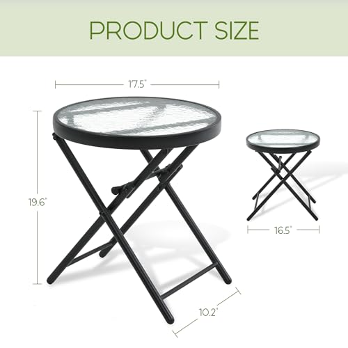 Folding Outdoor Side Table -Patio End Bistro Tables Portable Small 17.5" Round Tempered Glass Top Waterproof Dining Coffee Metal Black - color: Transparent-round