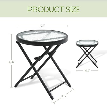 Folding Outdoor Side Table -Patio End Bistro Tables Portable Small 17.5" Round Tempered Glass Top Waterproof Dining Coffee Metal Black - color: Transparent-round