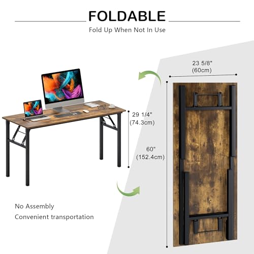 Need Home Office Desk Large Computer Desk 60 inch Sturdy Table Foldable Desk Gaming Computer Table No Assembly Required, Rustic Brown&Black Frame AC5FB(152.4 * 60) - color: Rustic Brown & Black Frame, size: 60 inch