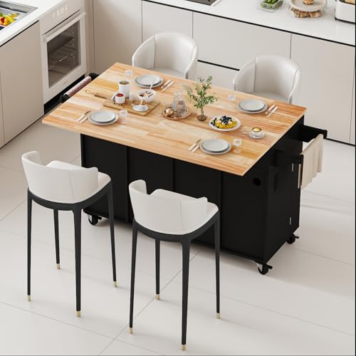 Kitchen Island Cart with Storage on Wheels, 59" Large Rolling Kitchen Island with Drop Leaf, Mobile Island for Kitchen with Towel Rack, Drawers for Dining Room, Black - size: 59.3" W, style: Black