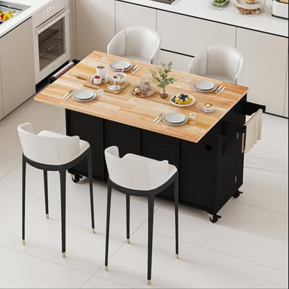 Kitchen Island Cart with Storage on Wheels, 59" Large Rolling Kitchen Island with Drop Leaf, Mobile Island for Kitchen with Towel Rack, Drawers for Dining Room, Black - size: 59.3" W, style: Black