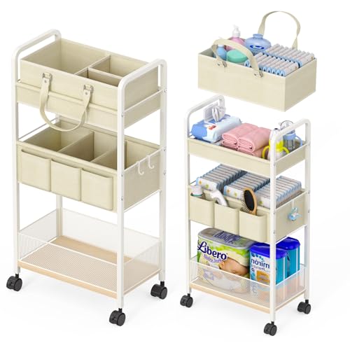 2In1 Baby Diaper Caddy & 3-Tier Rolling Cart, Diaper Caddy Organizer Carts with Dividers, Mobile Metal Utility Cart for Nursery Essentials, Detachable Bedside Cart, Large Capacity, White - color: Off White, size: 3-Tier