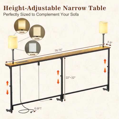 78.8" Long Sofa Table with Lights & Charging Station - 4 AC outlets | 22"-32" Height Adjustable Behind Couch Table, Narrow Console Table, Slim Design for Living Room, Rustic Brown - color: Brown, size: 78.8" Long-2 Light
