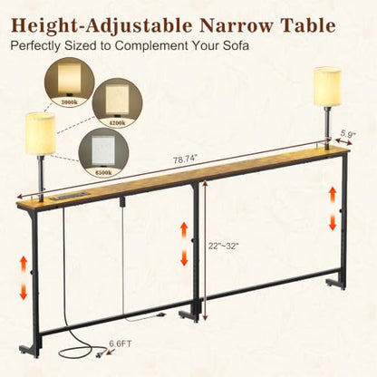 78.8" Long Sofa Table with Lights & Charging Station - 4 AC outlets | 22"-32" Height Adjustable Behind Couch Table, Narrow Console Table, Slim Design for Living Room, Rustic Brown - color: Brown, size: 78.8" Long-2 Light