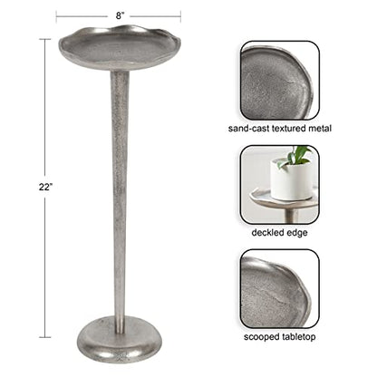 Kate and Laurel Alessia Modern Decorative Metal Drink Table; 8 x 8 x 22; Silver; Stunning Cast Aluminum Pedestal Plant Stand with Rough Texture and Deckled Edge - color: Silver