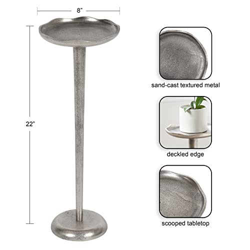 Kate and Laurel Alessia Modern Decorative Metal Drink Table; 8 x 8 x 22; Silver; Stunning Cast Aluminum Pedestal Plant Stand with Rough Texture and Deckled Edge - color: Silver