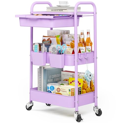 KINGRACK 3 Tier Metal Rolling Cart with Drawer, Purple Utility Storage Cart | 2 Cups & 4 Hooks, Lockable Wheels, Trolley Organizer for Bathroom, Kitchen, Office, Nursery, Dorm, Laundry, Craft Room - color: Purple