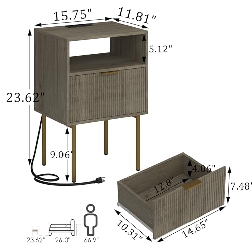 JOONEE Modern Nightstand with Charging Station and LED Lights, White Bedside Table with Drawer, Fluted Side Table for Living Room, Bedroom - color: Grey