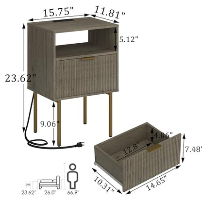 JOONEE Modern Nightstand with Charging Station and LED Lights, White Bedside Table with Drawer, Fluted Side Table for Living Room, Bedroom - color: Grey