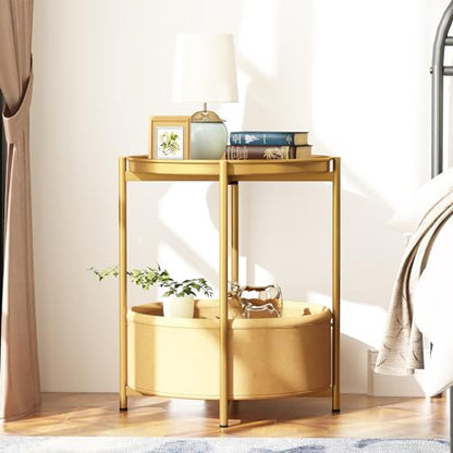Garden 4 you Side Table with Fabric Storage Basket, Round Metal End Table, Small Bedside Table Nightstand with Removable Tray, for Nursery, Living Room, Bedroom, Bathroom, Gold - color: Gold
