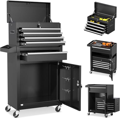 INTERGREAT Rolling Tool Chest with Wheels and 5 Drawers, Detachable Tool Cabinet with Lock for Garage, Locking Mechanic Tool Cart with Black Liner for Warehouse, Workshop, High Capacity - color: Black, size: 5 Drawers