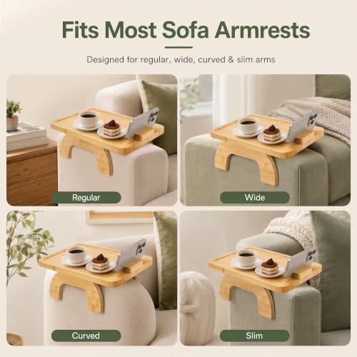 UPABLUNSO 1-Pack Couch Arm Tray Table, Bamboo Clip-On Sofa Armrest Snack Tray, Square with 360° Phone Holder, Collapsible Cozy Sofa Armrest Tray Bamboo Side Table for Drinks, Food or Something Else - color: Square Natutal