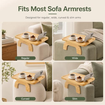 UPABLUNSO 1-Pack Couch Arm Tray Table, Bamboo Clip-On Sofa Armrest Snack Tray, Square with 360° Phone Holder, Collapsible Cozy Sofa Armrest Tray Bamboo Side Table for Drinks, Food or Something Else - color: Square Natutal