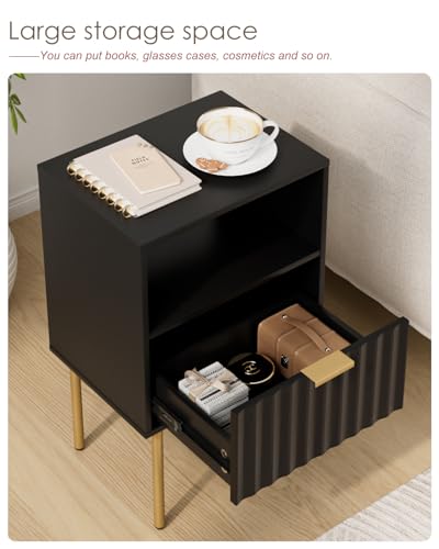 Nightstand,Modern Bedside Table with Gold Frame,White Night Stand,Bedside Furniture, Modern Side Table with Drawer and Shelf for Bedroom (Black) - color: Black